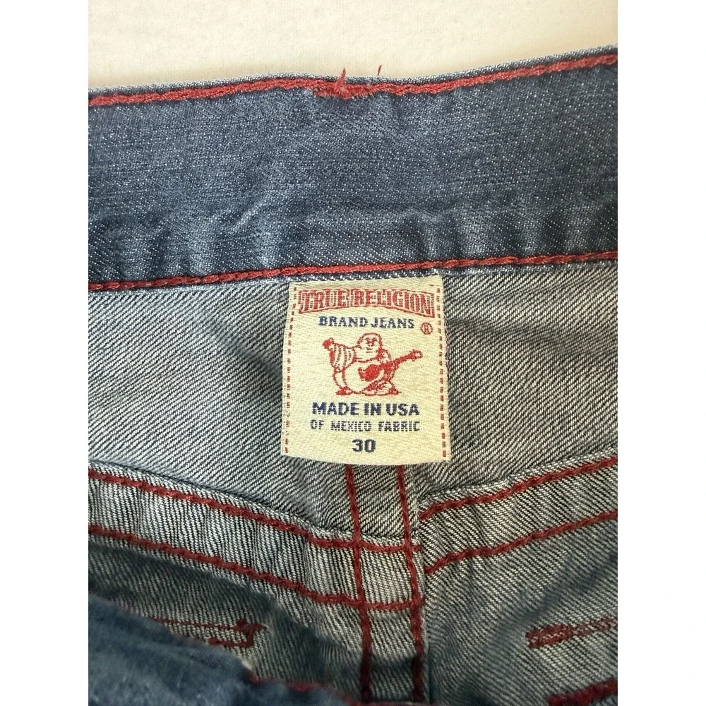 True Religion Straight Leg Jeans Mens 30x25 Blue Dark Wash Red Stitch USA Made